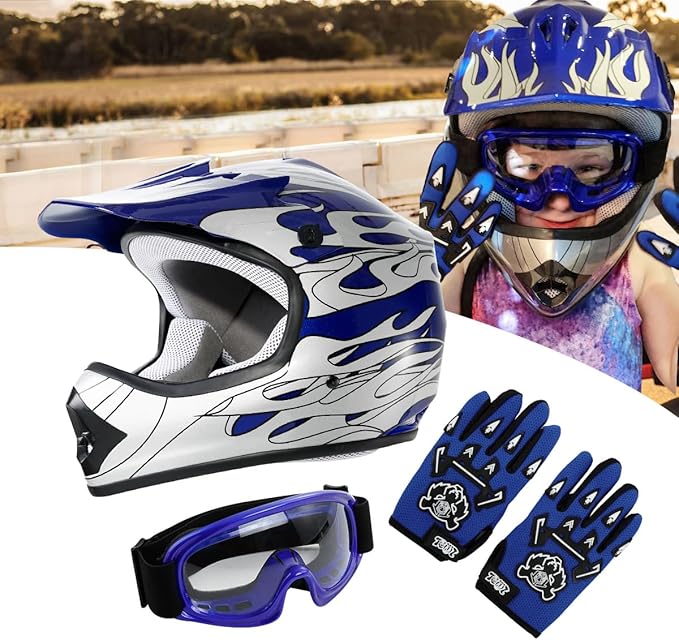 TCT-MOTORPARTS DOT Youth Kids Motocross ATV Four Wheeler Riding Racing Helmets Offroad Street Dirt Bike Go-Kart BMX MX Full Face Helmet Blue Flame Samll Size