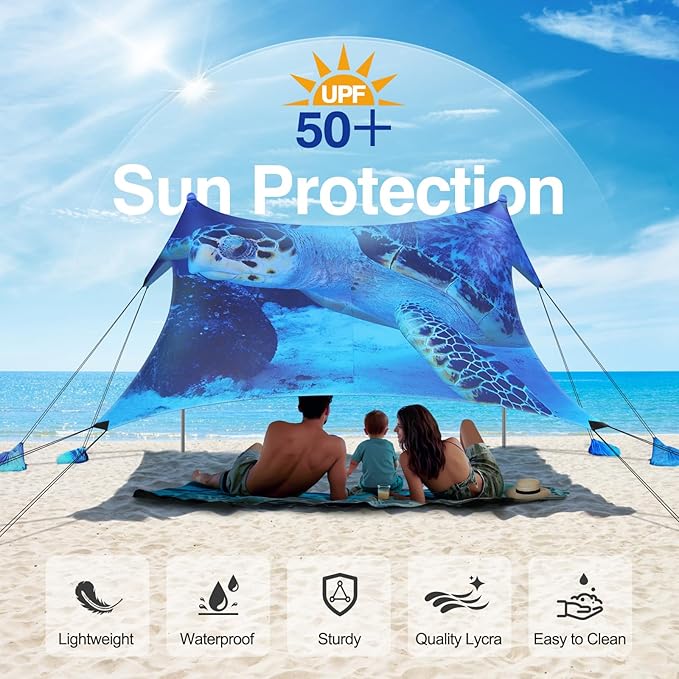 Rhino Valley Beach Tent Sun Shelter, 10x10FT Beach Canopy Tent Sun Shade UPF50+ Protection with 8 Sandbags 4 Stability Poles, Outdoor Beach Shade Canopy 6-8 People for Beach Camping Fishing