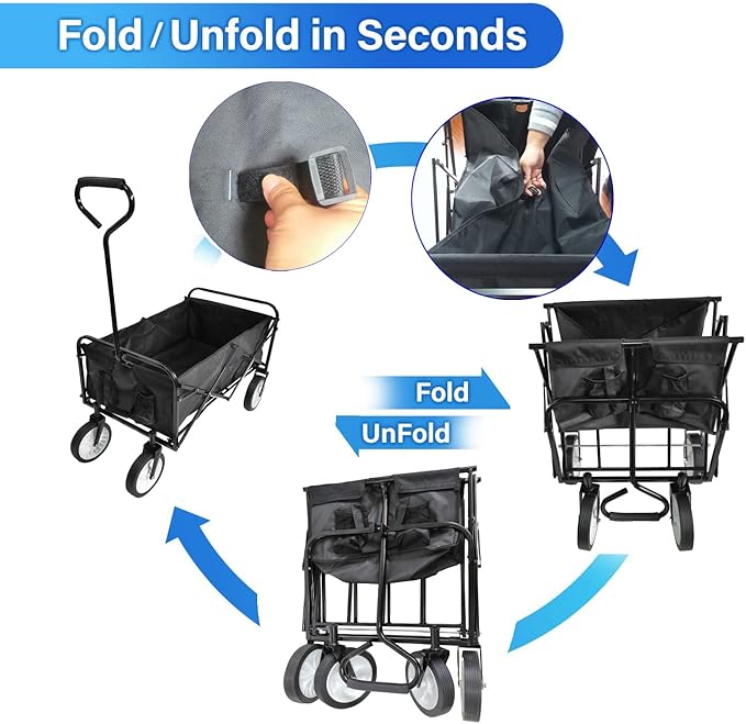 Collapsible Folding Wagon Garden Beach Cart,Heavy Duty Utility Buggy with Big Wheels,Adjustable Handle and 2 Cup Holders,for Sand,Camping,Garden,Outdoor,39.37",Black