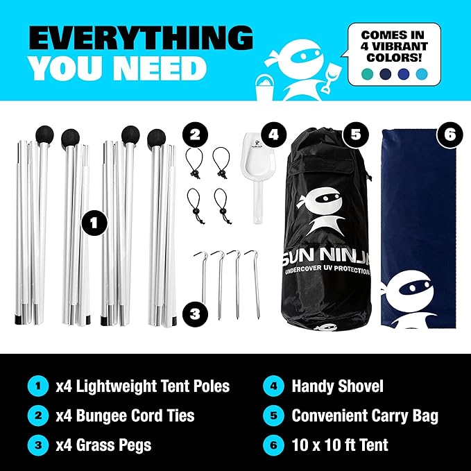 SUN NINJA Beach Tent Sun Shelter, UPF50+ Protection, Easy Pop Up Beach Shade Canopy for Camping, Fishing, Backyard Fun, Lightweight & Portable, Fits Up to 8 People, 10x10 FT 4 Pole, Navy