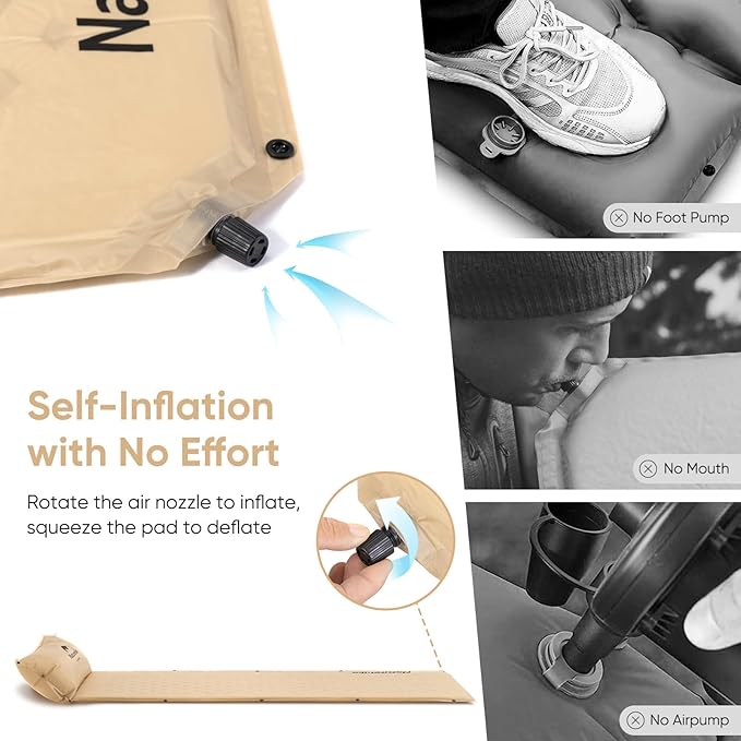 Naturehike Self-Inflating Sleeping Pad, Ultralight Memory Foam Camping Pad with Pillow, Fast Inflating, Sleeping Pad for Camping Hiking with Storage Bag, Single, Yellow