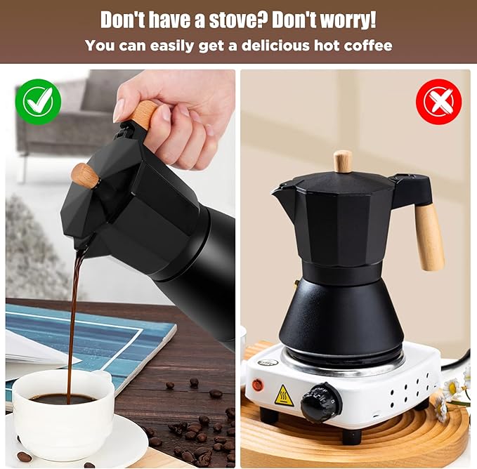 SHANGSKY Coffee Pot Electric Coffe Maker 6 Cup, Espresso Coffee Maker Cafeteras Electricas Italian Coffee Pot Espresso Makers Portable Aluminum Electric Mocha Pots (Wooden Handle,US 3-pin Plug)