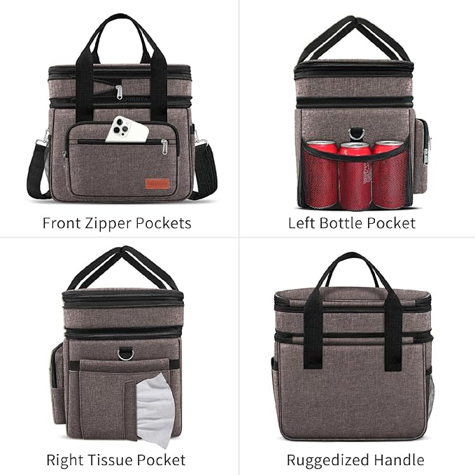 23L Extra Large Expandable Insulated Cooler Lunch Box for Men Double Deck Leakproof Heavy Duty Lunch Bag with 4 Ice Packs&2 Snack Bags for Adult/Construction/Women/Work/Picnic/Camping - Brown