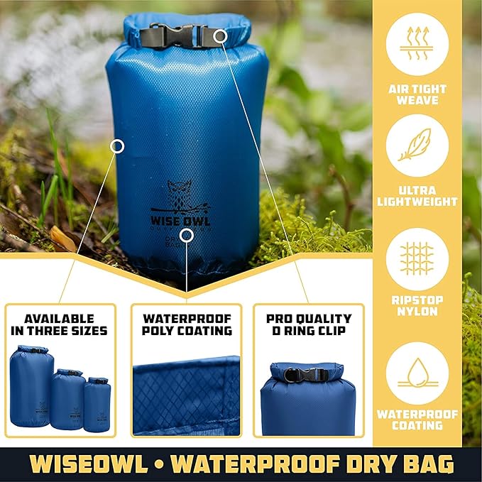 Wise Owl Outfitters Waterproof Dry Bag - Fully Submersible 1pk or 3pk Ultra Lightweight Airtight Waterproof Bags - 5L, 10L and 20L Sizes - Diamond Ripstop Roll Top Drybags