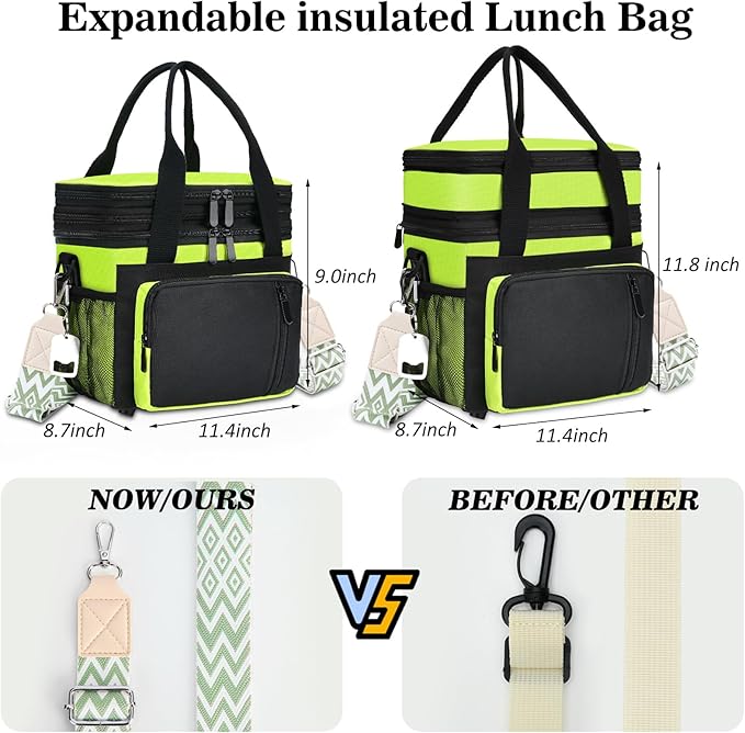 LOKASS Lunch Box for Women/Men-16L-Insulated Lunch Bag, Expandable Double-layer Leakproof Cooler Bag with Upgrade Adjustable Shoulder Strap Ideal for Work/Travel/Picnics（Neon Green）