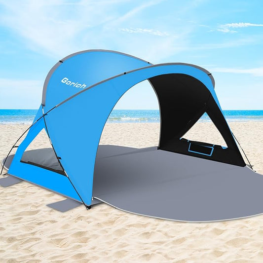 Gorich Beach Tent Sun Shelter with UPF50+ UV Protection for 3-6 Person, Lightweight & Portable Beach Shade Canopy with 2 Zippered Doors, Easy Setup Family Beach Umbrella