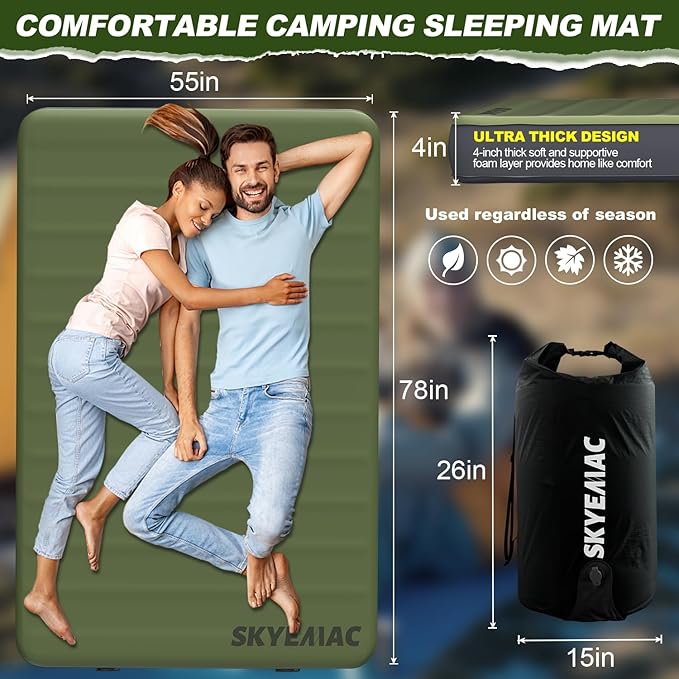 Self-Inflating Memory Foam Sleeping Pad - R-Value 13, Full Size (78"L x 55"W x 4"TH) - Thick Camping Mattress for Couples & Family, Comfortable & Durable, Perfect for Camping and Outdoor Adventures