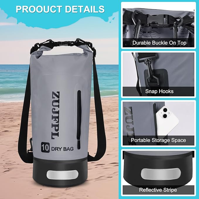 Dry Bag Waterproof Floating Backpack 10L/20L/30L,Waterproof Bag for Women Men,Roll Top Dry Compression Sack Keeps Gear Dry for Boating, Kayaking, Surfing, Rafting and Fishing (Grey, 10L)