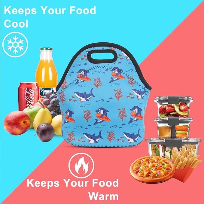 Violet Mist Neoprene Lunch Bag Washable Shark lunch HandBags Tote Reusable Thermal Insulated Lunch Bags Cooler Lighweight lunch bag for Men Work Picnic Thanksgiving Christmas Gifts