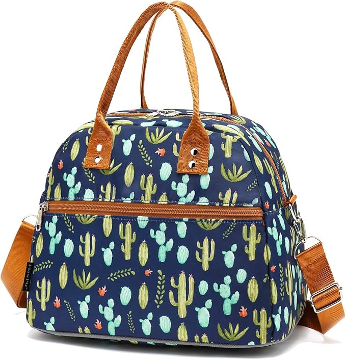 FlowFly Insulated Lunch Bag With Shoulder Strap for Women, Men, and Kids, Large and Reusable, Handle, Freezable Work and School Travel Tote and Meal Prep Organizer,Cactus