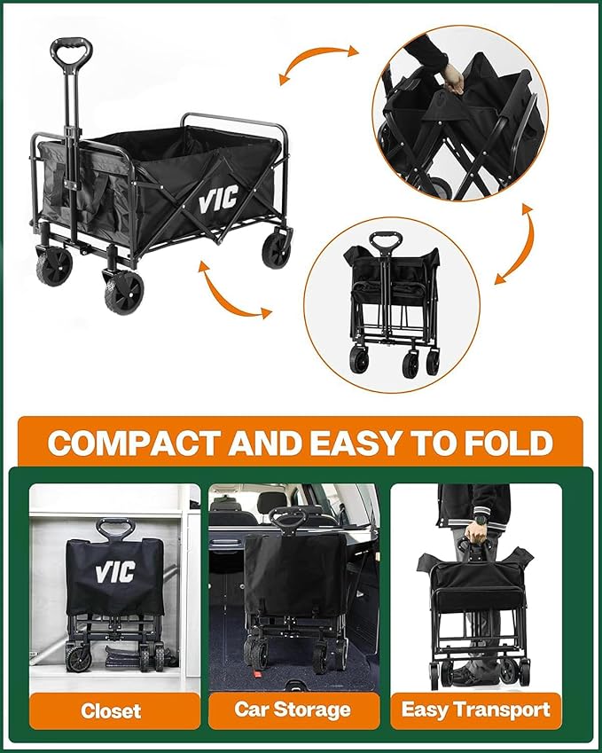 VIC Beige Collapsible Folding Wagon, Beach Wagon Cart Heavy Duty 170LBs Foldable, Utility Grocery Wagon with Side Pocket for Camping Garden Sports, L4