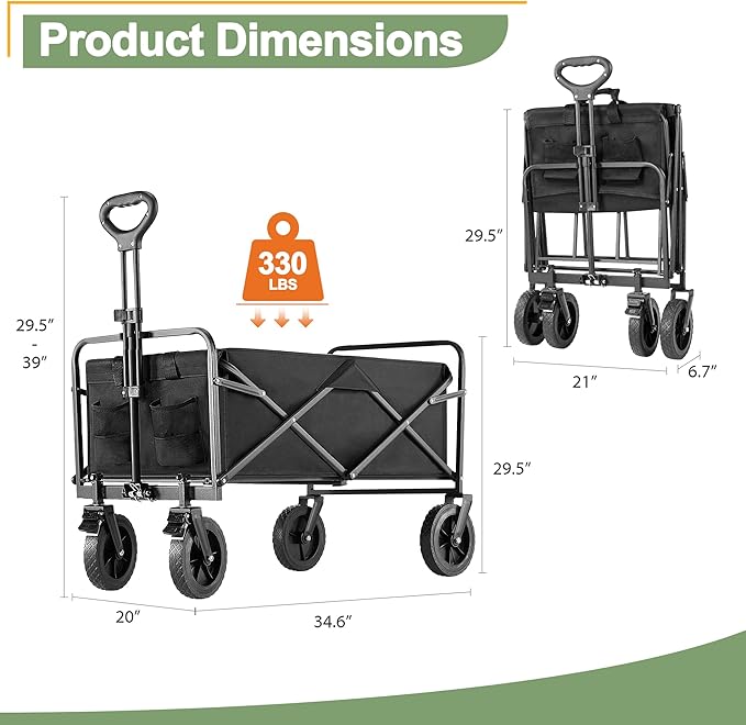 Collapsible Folding Wagon Cart with All-Terrain Wheels, Foldable Utility Cart with Adjustable Handle, Portable Grocery Shopping Cart on Wheels for Beach, Garden, Camping, Sports, Large Black