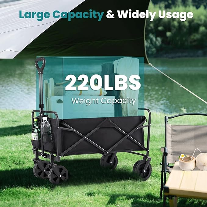 220 Lbs Collapsible Wagon, Large Capacity Beach Wagon with All-Terrain Wheels for Sand, Foldable Heavy Duty Utility Wagon Carts with Drink Holders for Shopping Sports Camping - 30 Inch
