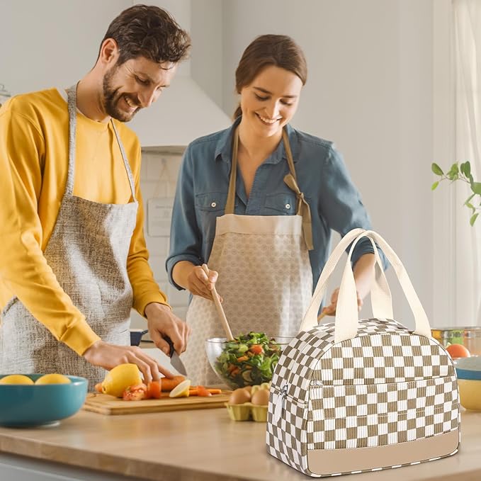 Lunch Box Lunch Bag for Women Men, Leakproof, Insulated Lunch Box Tote with Large Capacity, Lunch Container for Work/Office (Corduroy Khaki Grid)