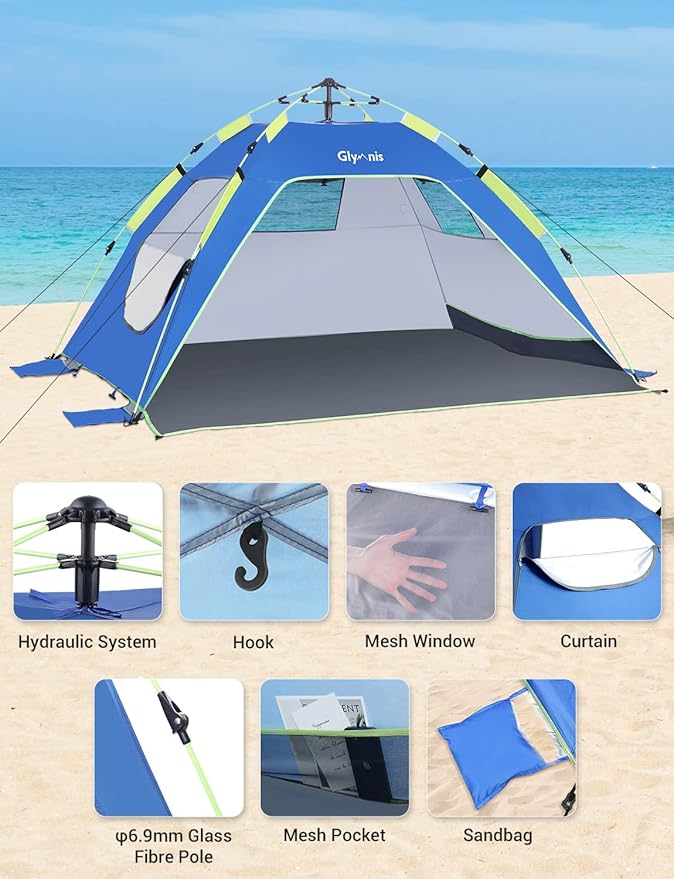 Pop Up Beach Tent Sun Shade Shelter for 3-4 Person with UPF 50+, Lightweight & Easy Setup, Vent Windows & Zippered Door, Extended Floor Family Instant Beach Tent