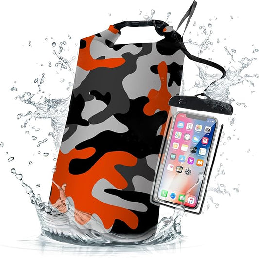 Waterproof Dry Bag,Roll Top Orange Camouflage Waterproof Backpack 5L/10L/20L Floating and Lightweight Bags for Kayaking, Boating, Fishing, Swimming and Camping with Waterproof Phone Case