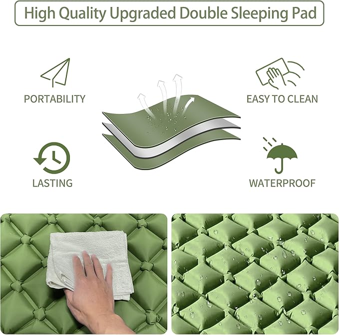 Double Sleeping Pad for Camping, 2 Person Ultralight Inflatable Sleeping Mat with Pillow and Built-in Foot Pump, Portable Camping Mattress for Tent, Backpacking, Hiking, Traveling（Green