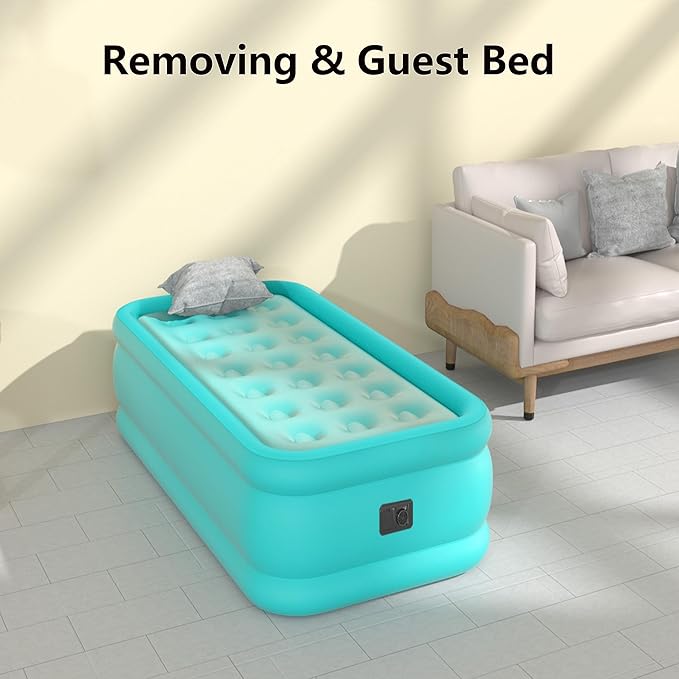 Twin Air Mattress with Built-in Pump, Single Air Bed with Portable Storage Bag, 18'' Blow up Mattress Suitable for Home and Guests, Top Flocking, 18" Twin Turquoise