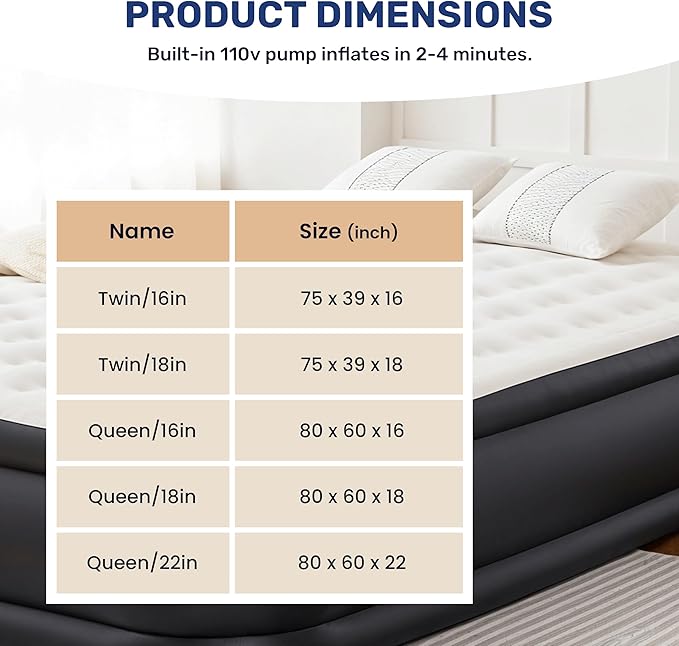 YSSOA Queen Camping Air Mattress with Built-in Electric High-Speed Pump, 22" Bed Height, Comfort Blow Up Inflatable Airbed with Carrying Bag for Travel & Home Guests, Waterproof Foldable Portable
