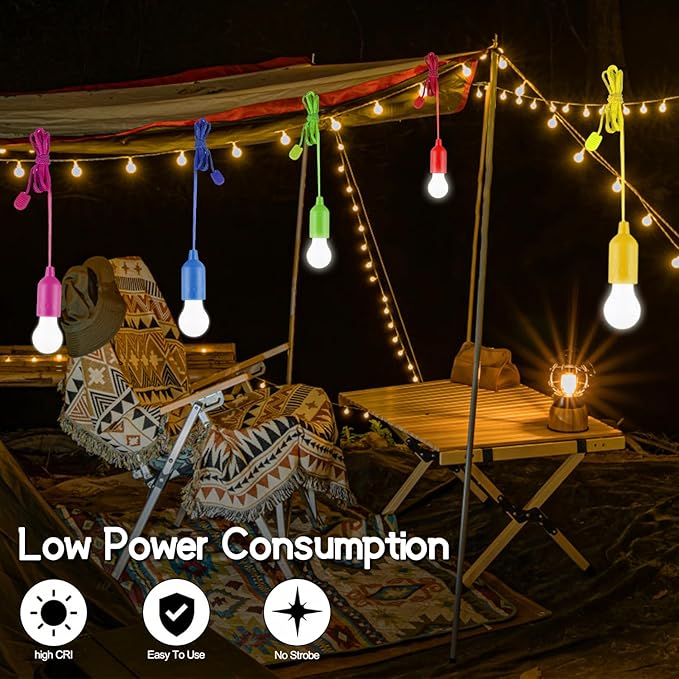 LED Pull Cord Light Bulb 4 Pack, LED Camping Lantern Lights Hanging Tent Lamp Light Bulbs for Camping, Hiking, Home Decor, Hurricane Emergency, Storms, Outages and More (4pcs Colored)
