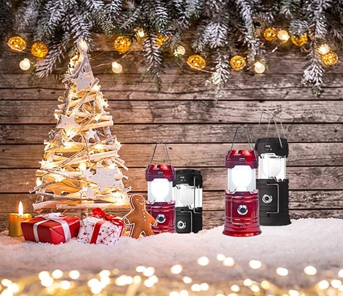 Solar Camping Lantern Rechargeable USB,COB LED Lantern Flashlight 2 Power Supply Modes Survival Kit for Emergency, Hurricane(Red 2 Pack)