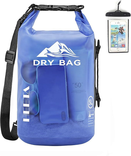 HEETA Dry Bag Waterproof for Women Men, 5L/10L/20L/30L/40L Roll Top Lightweight Dry Storage Bag Backpack with Phone Case for Travel, Swimming, Boating, Kayaking, Camping & Beach, 11 Transparent Colors