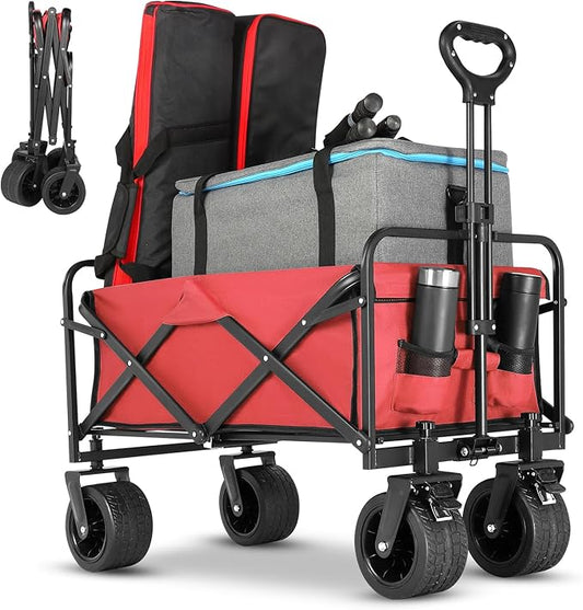Beach Wagon,Collapsible Foldable Wagon Cart with Big Wheels,Utility Folding Grocery Lounge All Terrain Wagon with Side Pocket and Brakes for Sand Camping Sports Outdoor(Red).