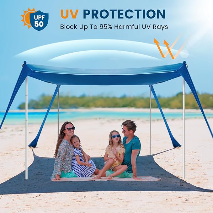 Beach Tent Sun Shelter - 10 x 10 Ft Beach Canopy UPF50+ UV Protection with Sandbags, Poles, Grond Pegs and Anti-Wind Ropes for Camping, Backyard, Picnics and Fishing