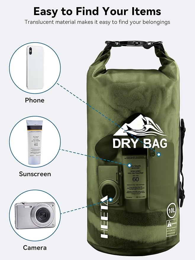 HEETA Dry Bag Waterproof for Women Men, 5L/10L/20L/30L/40L Roll Top Lightweight Dry Storage Bag Backpack with Phone Case for Travel, Swimming, Boating, Kayaking, Camping & Beach, 11 Transparent Colors