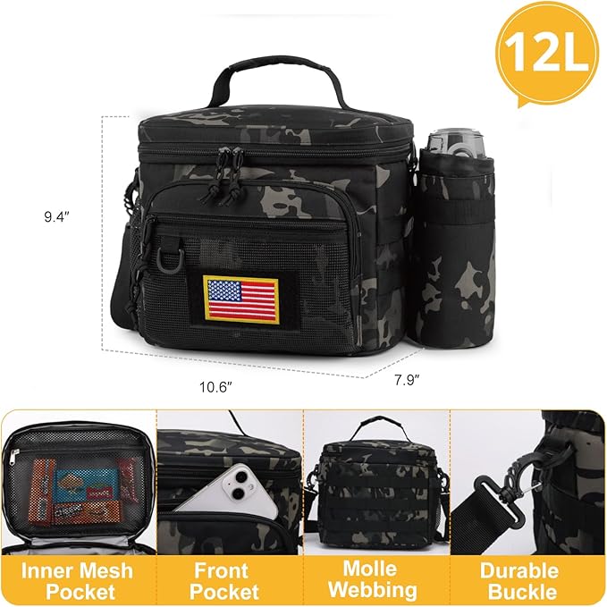 Tactical Reusable Lunch Bag for Men/Women - Insulated Lunch Box Leakproof Lunch Pail Freezable with Adjustable Shoulder Strap,Lunch Cooler Bag for Work Office Picnic Beach，Black Camo