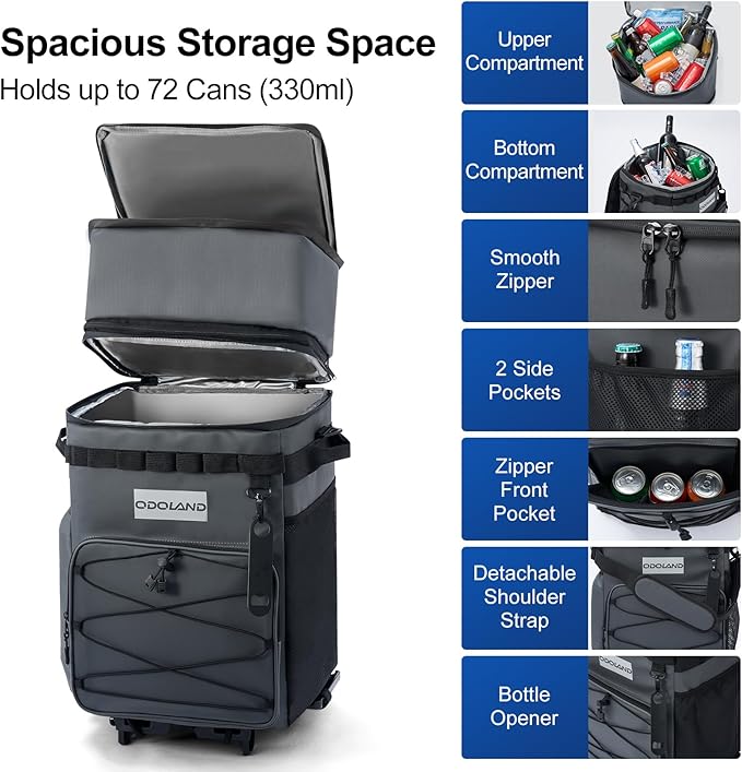 Odoland 48/72 Cans Soft Cooler with Wheels and Handle Collapsible Ice Chest Rolling Coolers on Wheels for Beach Camping Travel and Picnic