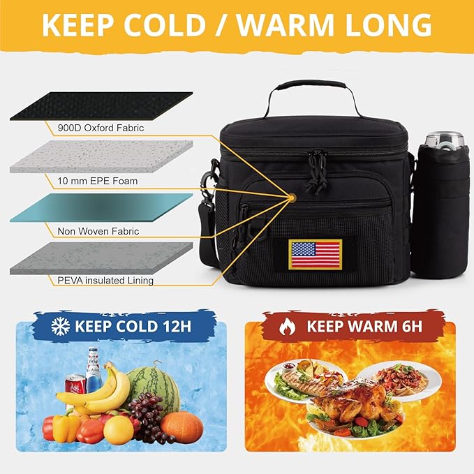 Tactical Reusable Lunch Bag for Men/Women - Insulated Lunch Box Leakproof Lunch Pail Freezable with Adjustable Shoulder Strap,Lunch Cooler Bag for Work Office Picnic Beach，Black