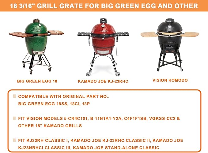18 3/16" Grill Grate for Big Green Egg, Large Egg, Vision Grill Parts B-11N1A1-Y2A, C4F1F1SB, VGKSS-CC2, 5-CR4C101 & Other 18" Kamado Grills Replacement, for Cast Iron Big Green Egg Large Accessories
