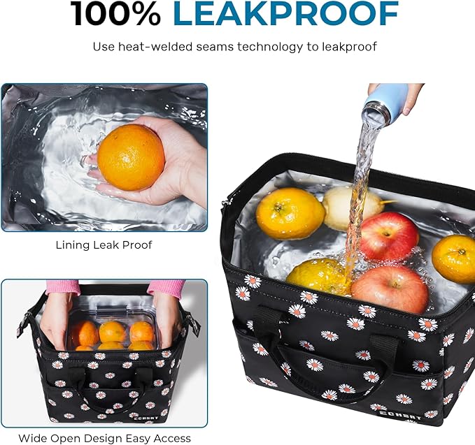 ECHSRT Large Insulated Lunch Bag for Women Men Leakproof Cooler Lunch Tote Bags for Work Travel Adult Thermal Lunchbox for Office -10L Daisy Print