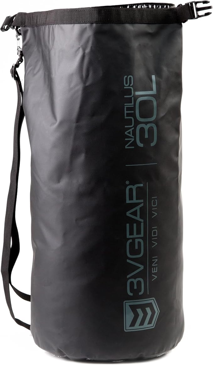 3VGEAR Nautilus Waterproof Dry Bag - 30L Heavy-Duty PVC Tarpaulin Waterproof Dry Bag with Removable Shoulder Strap, Roll-Top Closure, Sealed Seams - For Boating, Kayaking and Outdoors - Black