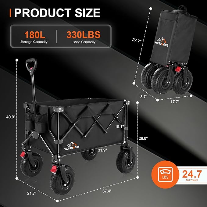 Big Rubber Wheels Beach Wagon Cart Foldable, 9x3 All-Terrain Wheels, Heavy Duty Collapsible Utility Wagon with 330lbs Capacity, Compact Storage, Easy Transport for Sand Camping Sports, Black