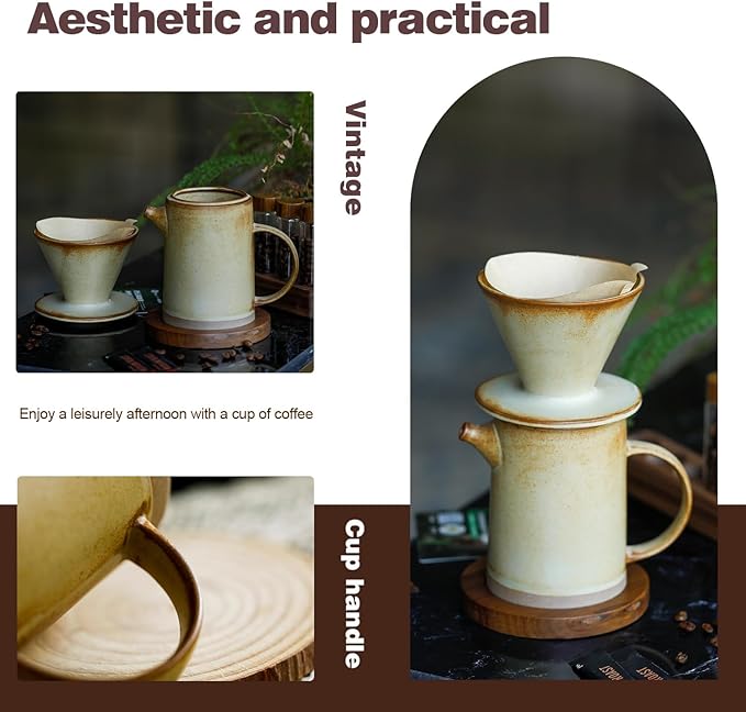 Pour Over Coffee Maker Set Vintage Ceramic Pour Over V60 Coffee Dripper Set with 20 Count Paper Coffee Filters,for Home Café Restaurant Camping,15.8 Ounces(Yellow)