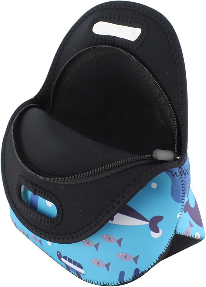 Violet Mist Cute Neoprene Lunch Bag, 11.42"L x 10.43"H x 5.51"W, Anmie Shark Cartoon Print, Lightweight, Eco-Friendly, Reusable, Thermal Insulated, Container for Outdoor Activities