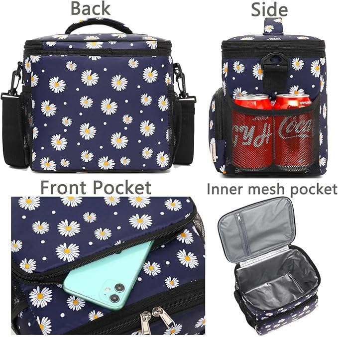 Insulated Lunch Bag for Adult/Women/Men, Reusable Large Lunch Box Cooler Soft Leakproof Tote, Thermal Meal Prep Lunch Pail with Adjustable Shoulder Strap for School/Travel/Office, Daisy