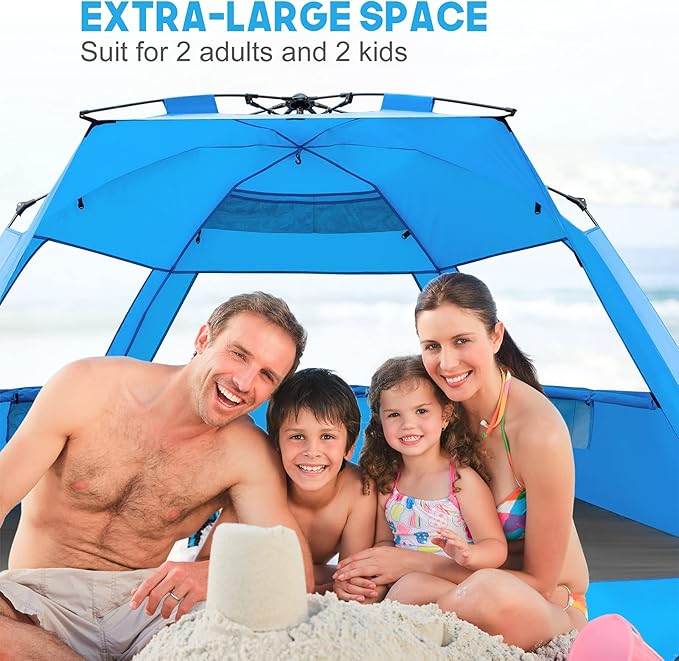 MIRUS Pop Up Beach Tent, Deluxe XL Sun Shade Shelter for 3-4 Person with UPF50+ Protection, Extendable Floor & 3 Ventilating Windows Carrying Bag Stakes and Guy Lines