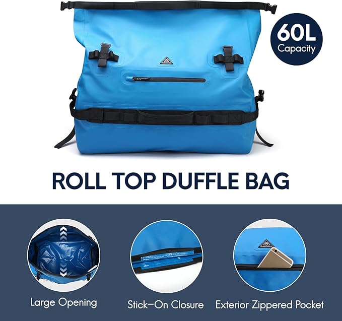 Haimont Large Waterproof Duffel Backpack Roll-Top Heavy Duty Dry Duffle Bag for Boating, Travel, Motorcycle, Kayaking, Camping, 60L