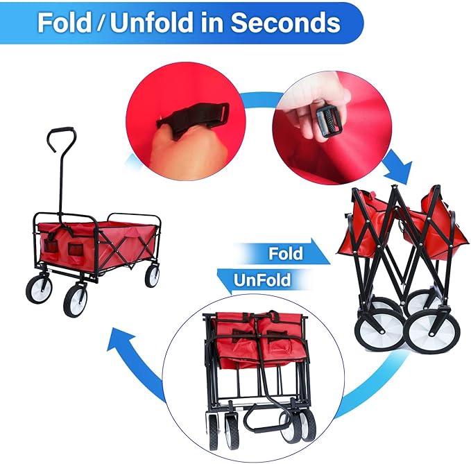 Collapsible Folding Wagon Garden Shopping Beach Cart,Heavy Duty Utility Buggy with Big Wheels,Adjustable Handle and Cup Holder,for Sand,Camping,Outdoor,40.55",Red