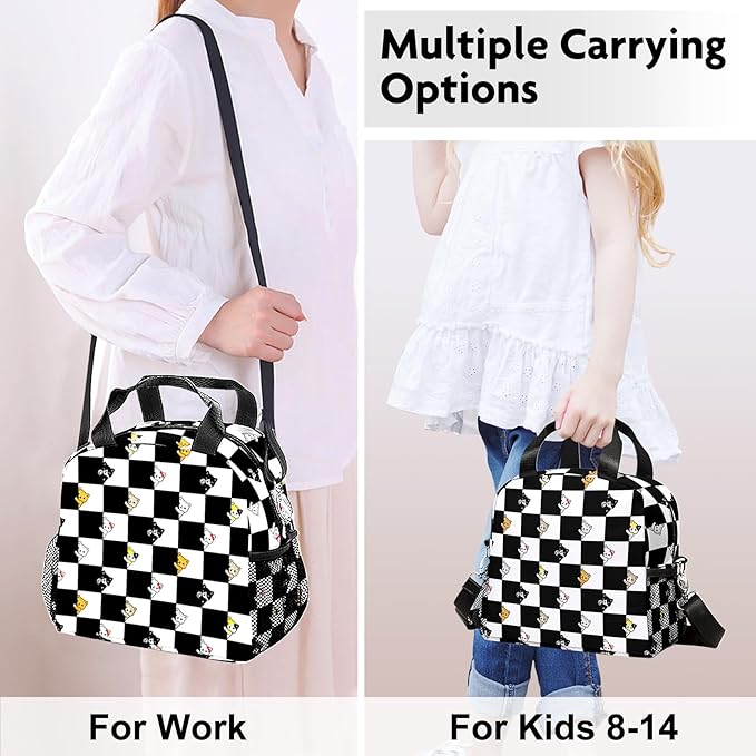 Lunch box Kids,Insulated Cat Lunch Bag Cute Small Checkered Lunch Totebag Reusable Leakproof Lunch Bag With Shoulder Strap for Girls Boys Women School Work Picnic