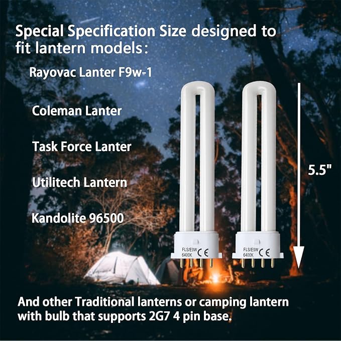 FLS/E9W 6400K 2G7 Base Camping Lantern Bulb, Replacement for Rayovac F9w-1, Kandolite 96500, Coleman, Ozark Trail, 4 Pin 2G7 Base, 2 Pack