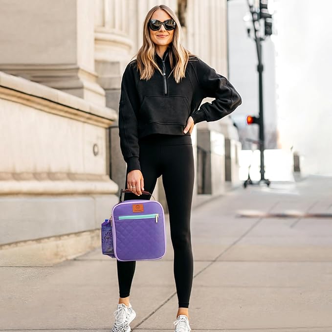 Lunch Bag for Women Men Girls Teens Insulated Leakproof LunchBox for Adult Reusable Lunch Box with Bottle Holder for Work Office School Travel Picnic-Purple/White