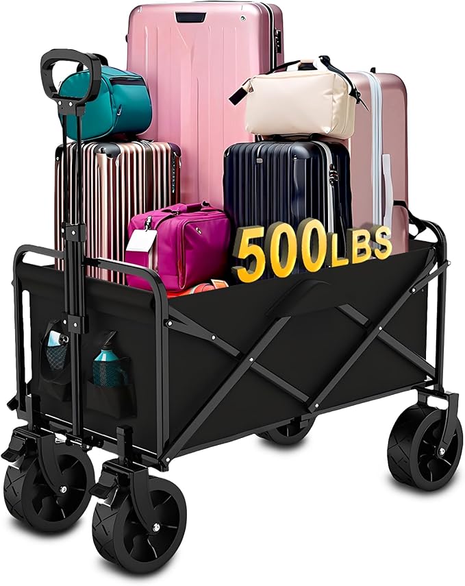 300L Collapsible Wagon with Wheels,500lbs Extra Long Fold Up Wagons Carts,Folding Wagon Cart with Adjustable Handle,with Side Pocket and Brakes for Grocery Shopping Camping Outdoor Sports Beach Garden