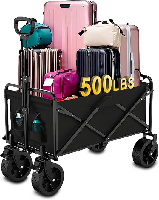 300L Collapsible Wagon with Wheels,500lbs Extra Long Fold Up Wagons Carts,Folding Wagon Cart with Adjustable Handle,with Side Pocket and Brakes for Grocery Shopping Camping Outdoor Sports Beach Garden