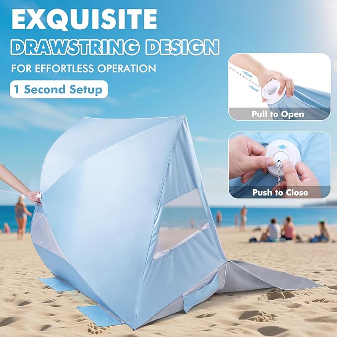 Elegear Beach Tent Sun Shelter for 4/5 Person, 1 Second Setup Pop Up Beach Tent with UPF 50+ UV Protection, Beach Umbrella Portable Double Silver Coating Beach Cabana Canopy Sun Shade Shelter - Blue