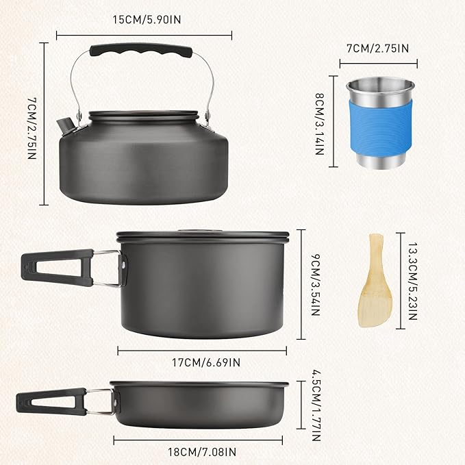 Camping Cookware Camping Cooking Set, Non-Stick Pots and Pans with Stove and Kettle, 2 Stainless Steel Plates, 2 Water Cups, 2 Sets of Knives and Forks, Spatula, Dish Towel, Backpack Storage Bag