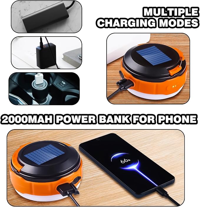 LED Rechargeable Camping Latern -Blue/Orange Solar Power Tent Light with 7 Light Modes, Power Bank, USB Charger Outdoor, Hiking, Home and Powered Emergency Failure Hurricane Hanging (Orange)